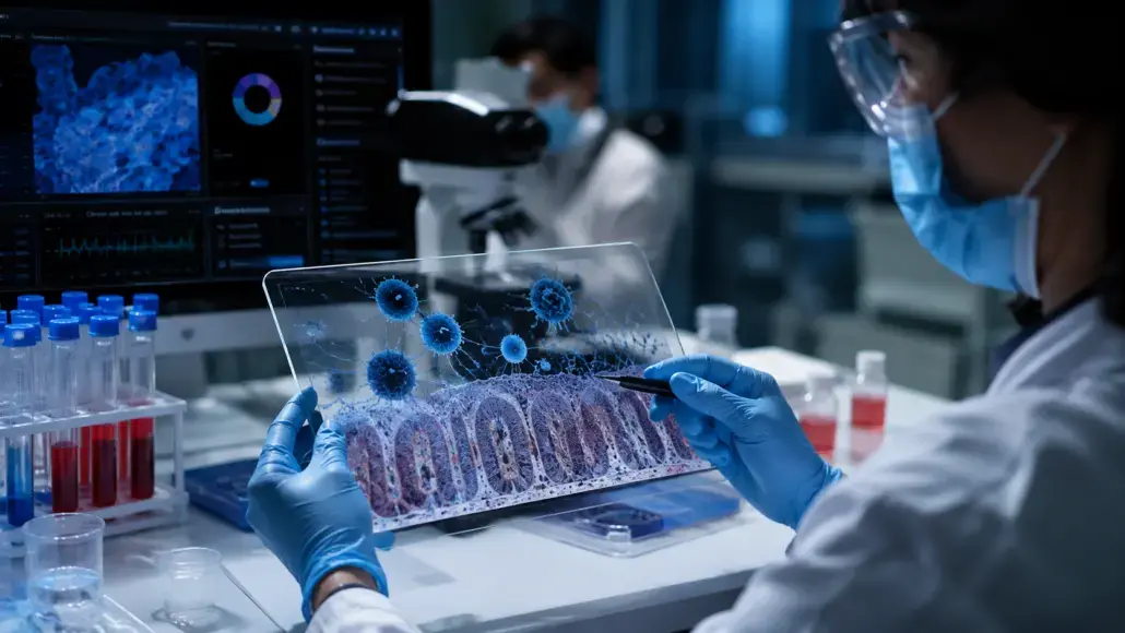 Scientist in PPE holds a transparent sheet showing blue virus-like particles over a DNA ladder.