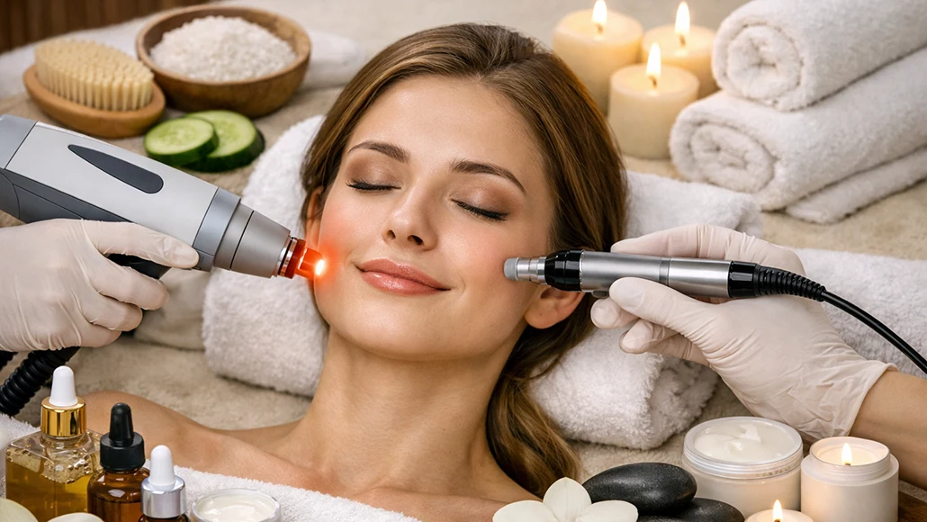 Woman receiving a laser facial treatment in a spa, with gloved hands and a glowing device near her cheek.