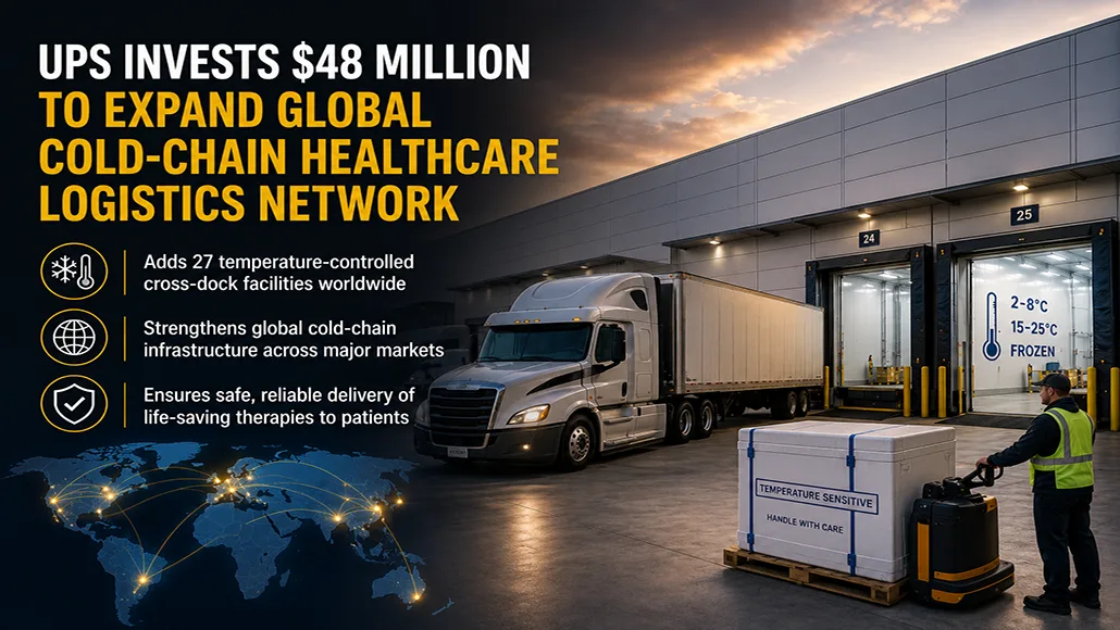 Infographic: UPS invests $48 million to expand global cold-chain healthcare logistics network with worldwide facilities and temperature-controlled transport.