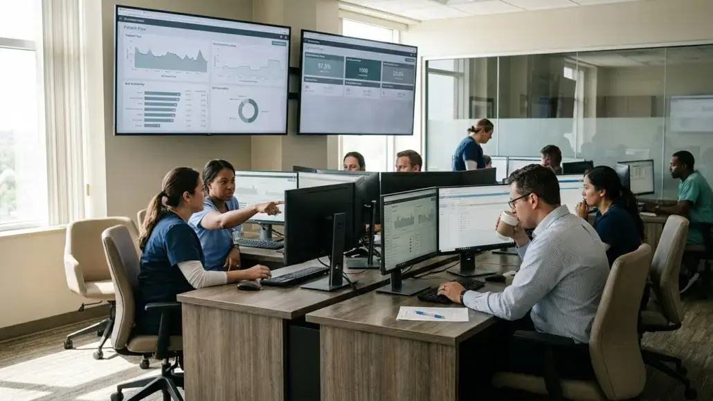 Team of professionals at a shared workspace reviewing dashboards on multiple monitors in a modern operations room.
