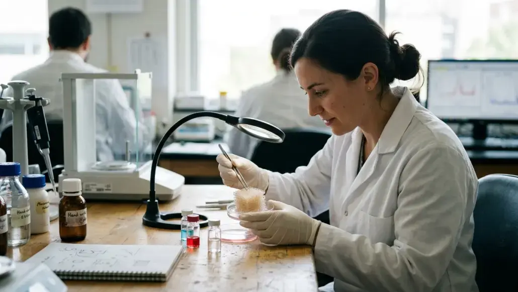 Female scientist in a white lab coat examining a sample under a magnifying lamp at a lab bench.