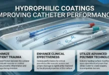 Hydrophilic Coatings Improving Catheter Performance Banner about hydrophilic coatings for catheters, highlighting three benefits: minimize patient trauma, enhance clinical effectiveness, and advanced polymer technology.
