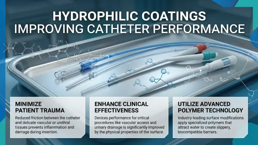 Banner about hydrophilic coatings for catheters, highlighting three benefits: minimize patient trauma, enhance clinical effectiveness, and advanced polymer technology.