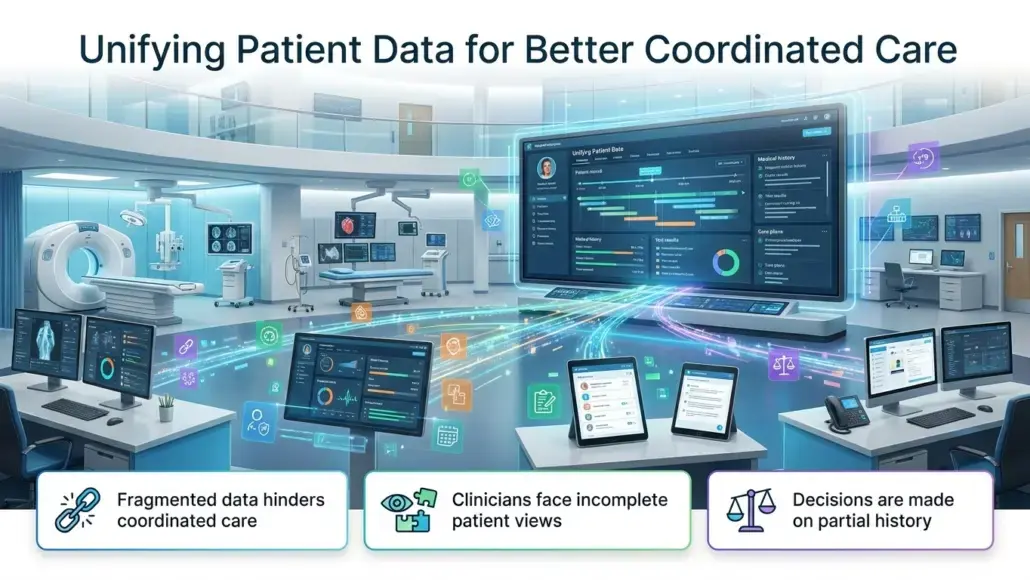 Futuristic hospital data hub with multiple screens and flowing data, illustrating unified patient data for coordinated care.