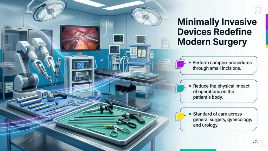 Robotic surgery setup in an operating room; monitor shows an internal view; headline: 'Minimally Invasive Devices Redefine Modern Surgery' with three bullet points about procedures, reduced physical impact, and standard of care.