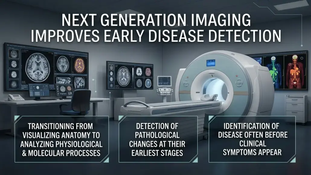 Imaging lab with an MRI scanner and a wall of monitors; headline reads 'Next Generation Imaging Improves Early Disease Detection' with three panels describing anatomy-to-physiology transitions, early pathological changes, and pre-symptom disease identification.