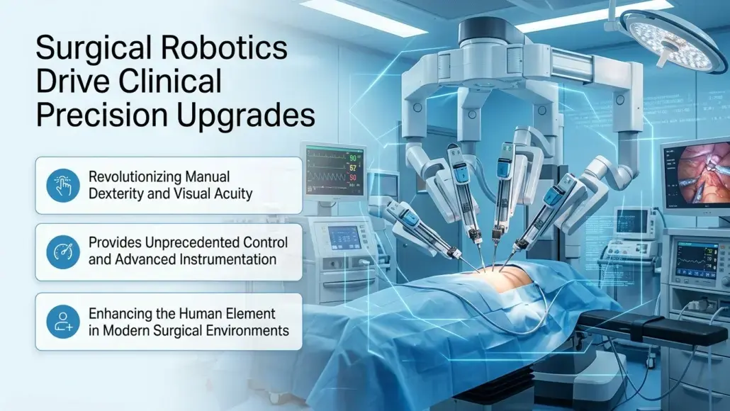 Surgical robotics scene: robotic arms surround a patient on an operating table, with three left-side bullet panels reading 'Revolutionizing Manual Dexterity and Visual Acuity', 'Provides Unprecedented Control and Advanced Instrumentation', and 'Enhancing the Human Element in Modern Surgical Environments'.