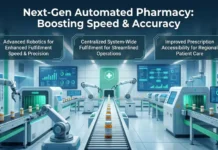 Norton Healthcare Launches $30 Million High-Tech Automated Pharmacy Hub Infographic of a futuristic automated pharmacy with robotic arms and a conveyor, highlighting speed, efficiency, and patient care benefits.