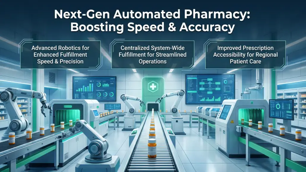 Infographic of a futuristic automated pharmacy with robotic arms and a conveyor, highlighting speed, efficiency, and patient care benefits.