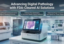 Leica Biosystems Secures FDA Clearances to Expand Digital Pathology Portfolio Futuristic pathology lab with a touchscreen AI workstation; three callouts read: stronger clinical digital pathology portfolio, standalone AI quality control software, and faster, more consistent diagnoses.