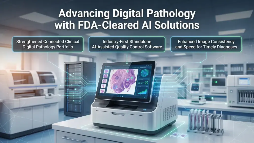 Futuristic pathology lab with a touchscreen AI workstation; three callouts read: stronger clinical digital pathology portfolio, standalone AI quality control software, and faster, more consistent diagnoses.