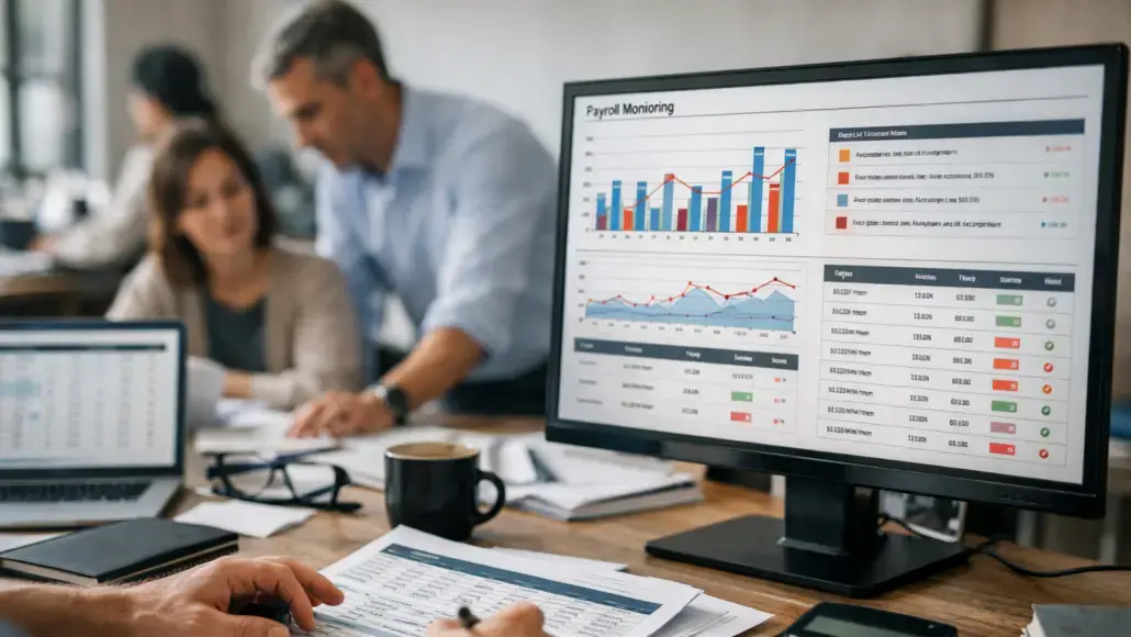 Office scene with a computer monitor showing payroll monitoring dashboards and charts, with colleagues in the background.